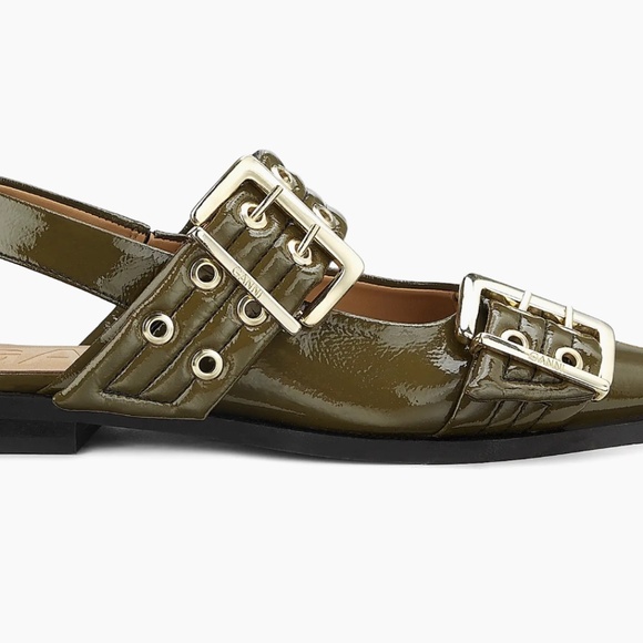 GANNI Buckle Ballerina Flats Slingbacks Sandals Military Olive BRAND NEW w/ Box - Picture 5 of 10
